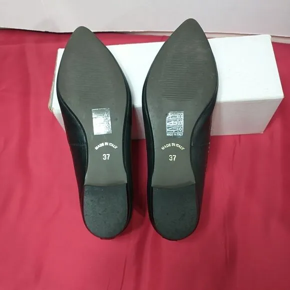 Barneys New York Leather Pointed Flats With Pearls On Rim - Black, Size 6.5 (37)