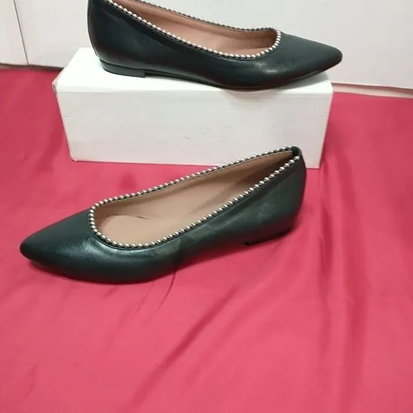 Barneys New York Leather Pointed Flats With Pearls On Rim - Black, Size 6.5 (37)