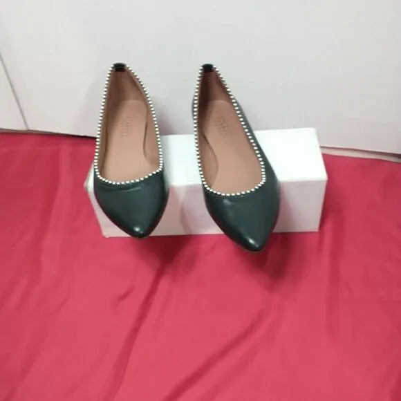 Barneys New York Leather Pointed Flats With Pearls On Rim - Black, Size 6.5 (37)