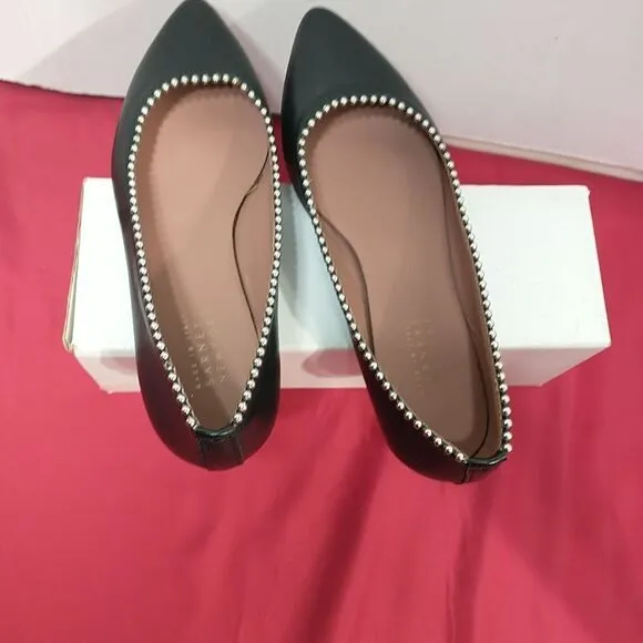 Barneys New York Leather Pointed Flats With Pearls On Rim - Black, Size 6.5 (37)