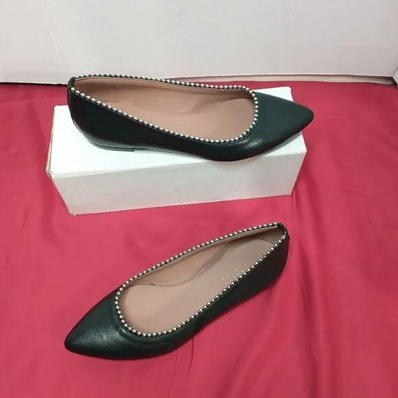 Barneys New York Leather Pointed Flats With Pearls On Rim - Black, Size 6.5 (37)