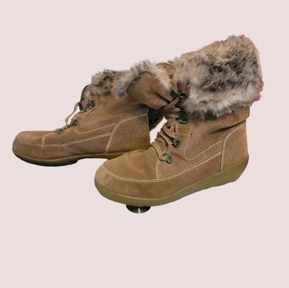 Bass Chalet Womens Size 8M Brown Leather Lace-Up Winter Faux Fur boots T35