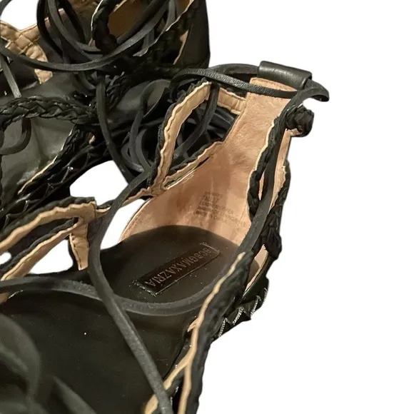 BCBGMAXAZRIA | Women’s Black Ma-Maye Leather Flat Ankle Wrap Sandals Size 7