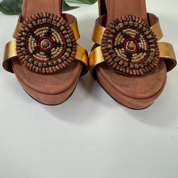 BCBGMAXAZRIA Women’s Brown Gold Beaded Leather Ankle Strap Sandals US Size 8.5B