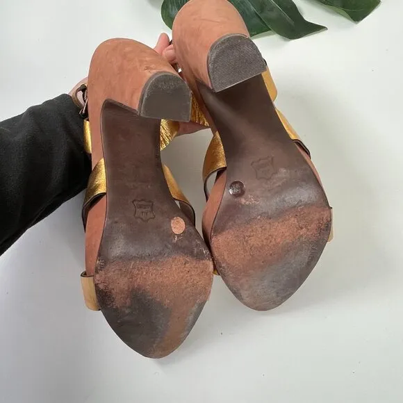 BCBGMAXAZRIA Women’s Brown Gold Beaded Leather Ankle Strap Sandals US Size 8.5B