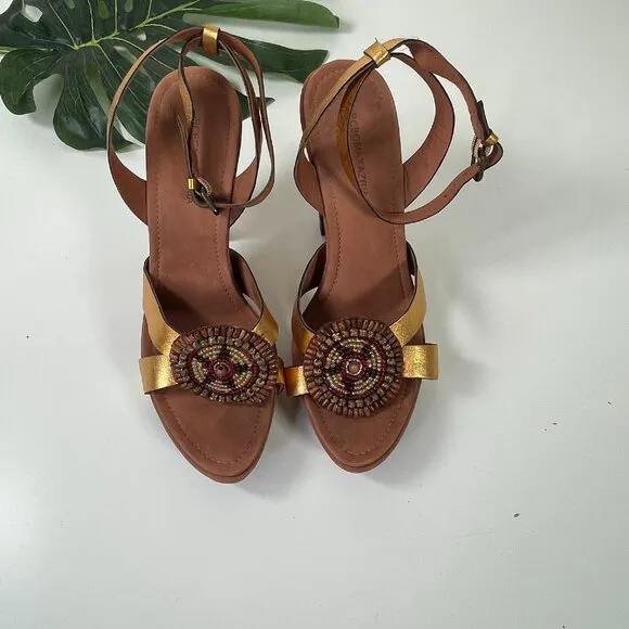 BCBGMAXAZRIA Women’s Brown Gold Beaded Leather Ankle Strap Sandals US Size 8.5B