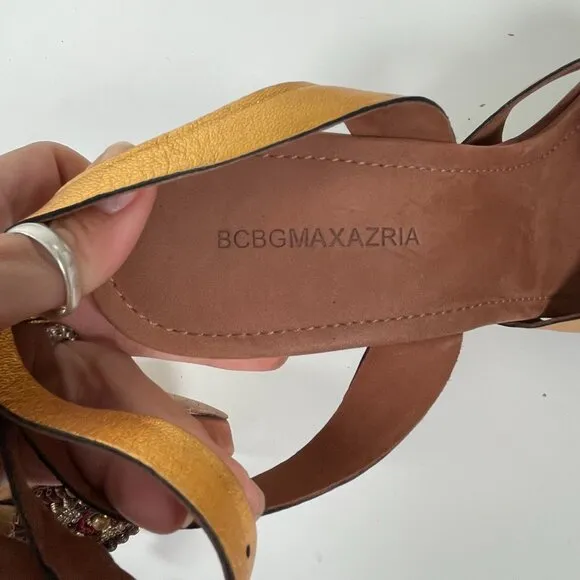 BCBGMAXAZRIA Women’s Brown Gold Beaded Leather Ankle Strap Sandals US Size 8.5B