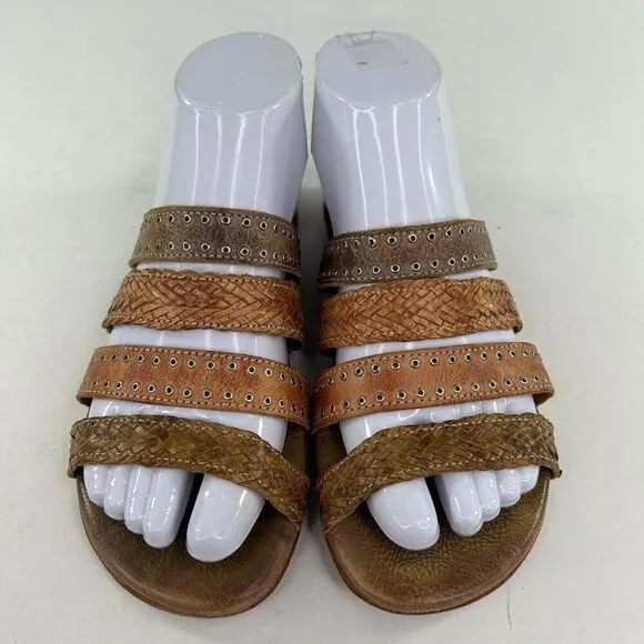 Bed Stu Henna Women's Sandals US 6.5 Brown Strappy Woven Leather Studded Slide