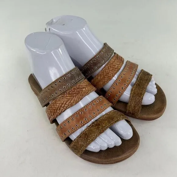 Bed Stu Henna Women's Sandals US 6.5 Brown Strappy Woven Leather Studded Slide