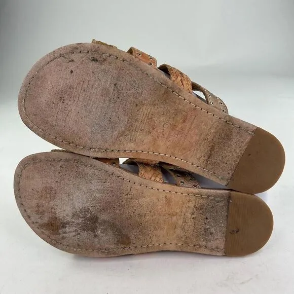 Bed Stu Henna Women's Sandals US 6.5 Brown Strappy Woven Leather Studded Slide