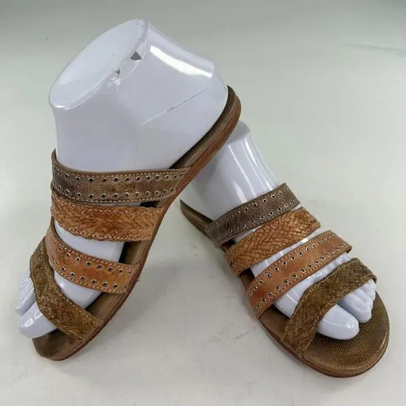 Bed Stu Henna Women's Sandals US 6.5 Brown Strappy Woven Leather Studded Slide