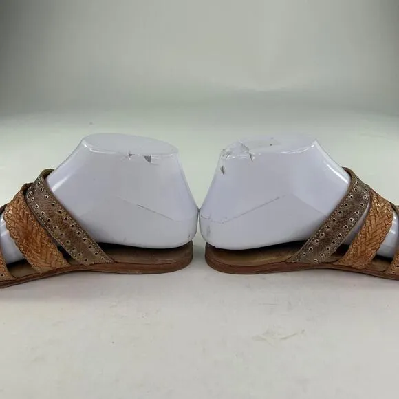 Bed Stu Henna Women's Sandals US 6.5 Brown Strappy Woven Leather Studded Slide