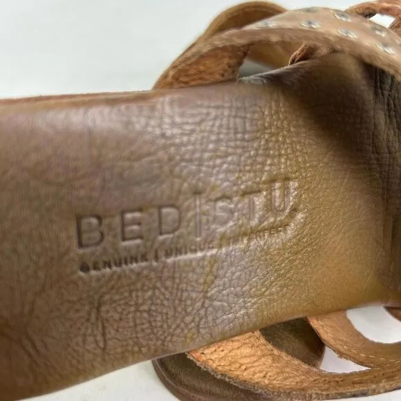 Bed Stu Henna Women's Sandals US 6.5 Brown Strappy Woven Leather Studded Slide