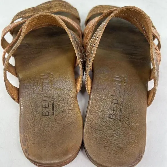 Bed Stu Henna Women's Sandals US 6.5 Brown Strappy Woven Leather Studded Slide