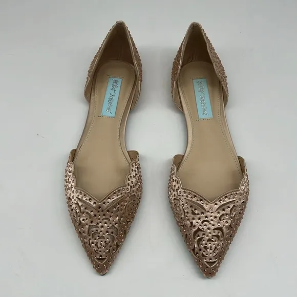 Betsey Johnson Lucy Blush Pink Rhinestone Peau de Soie Rosette Cutout Flats  6M