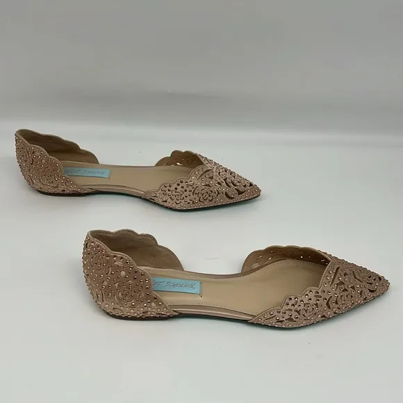 Betsey Johnson Lucy Blush Pink Rhinestone Peau de Soie Rosette Cutout Flats  6M