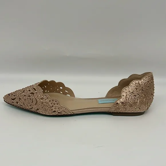 Betsey Johnson Lucy Blush Pink Rhinestone Peau de Soie Rosette Cutout Flats  6M