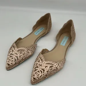Betsey Johnson Lucy Blush Pink Rhinestone Peau de Soie Rosette Cutout Flats  6M