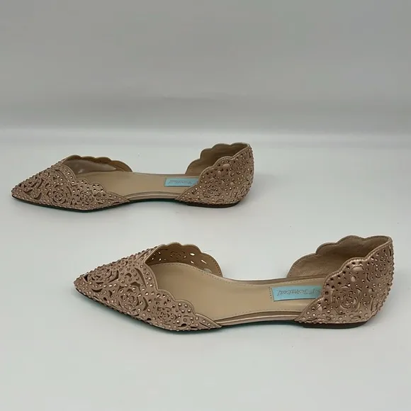 Betsey Johnson Lucy Blush Pink Rhinestone Peau de Soie Rosette Cutout Flats  6M