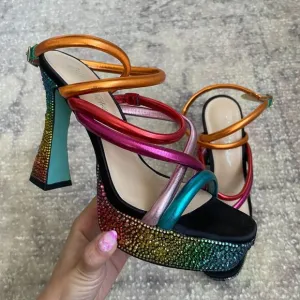 Betsey Johnson Rainbow Rhinestone Platform Strappy Heeled Sandals 8 M