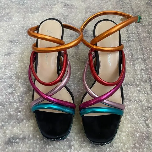 Betsey Johnson Rainbow Rhinestone Platform Strappy Heeled Sandals 8 M