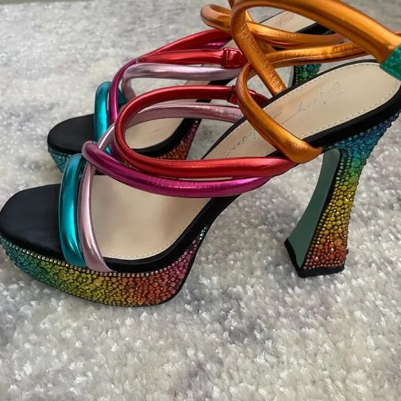 Betsey Johnson Rainbow Rhinestone Platform Strappy Heeled Sandals 8 M
