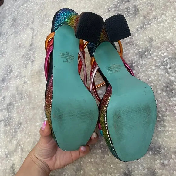 Betsey Johnson Rainbow Rhinestone Platform Strappy Heeled Sandals 8 M