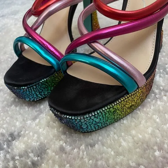 Betsey Johnson Rainbow Rhinestone Platform Strappy Heeled Sandals 8 M