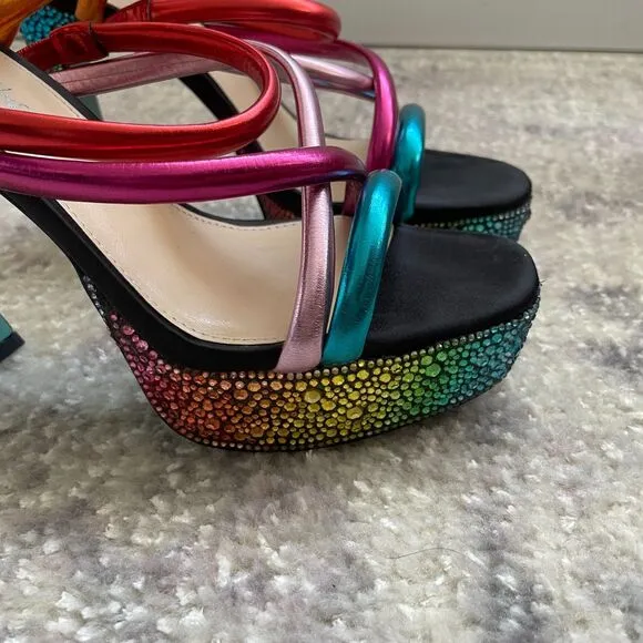 Betsey Johnson Rainbow Rhinestone Platform Strappy Heeled Sandals 8 M