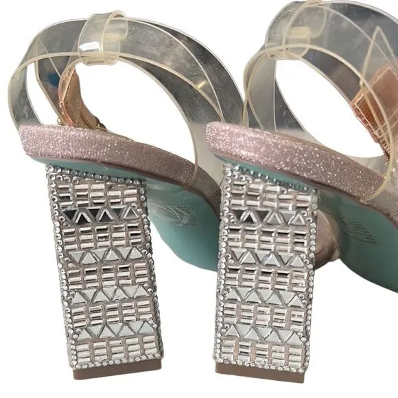 Betsey Johnson Bell Rhinestone Clear Strappy Heels  Sandals Size 7