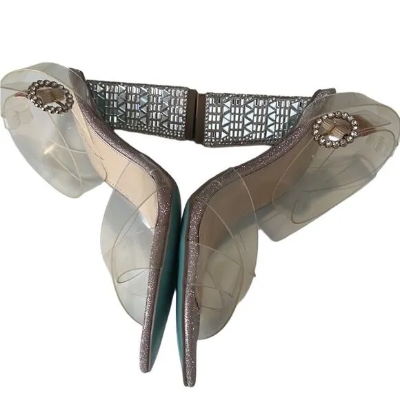 Betsey Johnson Bell Rhinestone Clear Strappy Heels  Sandals Size 7