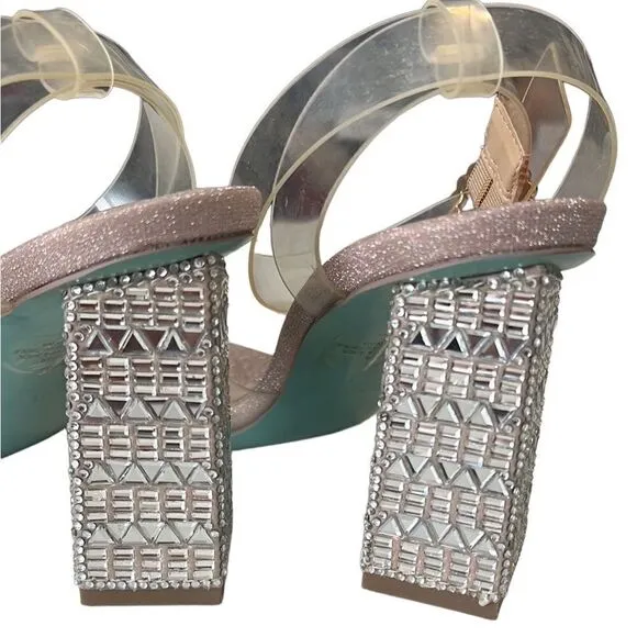 Betsey Johnson Bell Rhinestone Clear Strappy Heels  Sandals Size 7