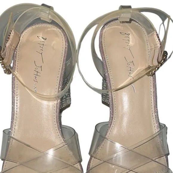 Betsey Johnson Bell Rhinestone Clear Strappy Heels  Sandals Size 7