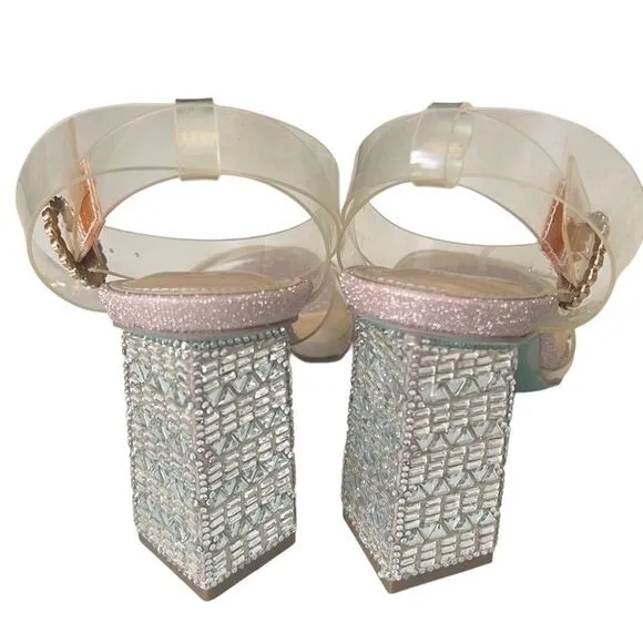 Betsey Johnson Bell Rhinestone Clear Strappy Heels  Sandals Size 7