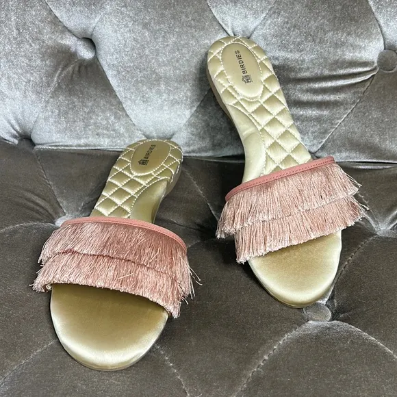 Birdies The Sparrow pink gold fringe quilted flat sandals