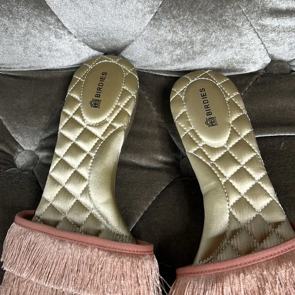Birdies The Sparrow pink gold fringe quilted flat sandals