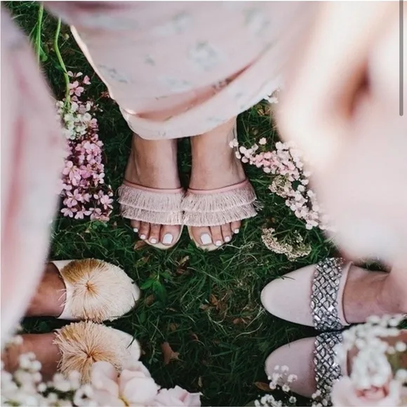 Birdies The Sparrow pink gold fringe quilted flat sandals