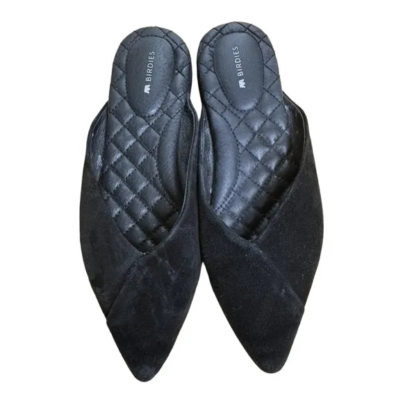 Birdies The Swan Mules in Black Suede Slip on Pointed Flats Size 7.5