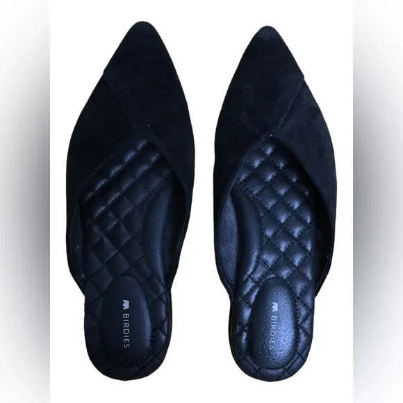 Birdies The Swan Mules in Black Suede Slip on Pointed Flats Size 7.5