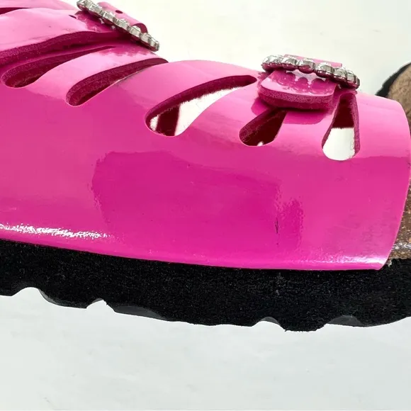 BIRKENSTOCK Granada Soft Pink Patent Leather Crystal Buckle Flat Sandals Sz 39