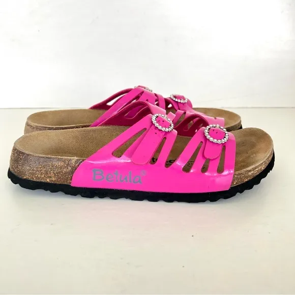 BIRKENSTOCK Granada Soft Pink Patent Leather Crystal Buckle Flat Sandals Sz 39
