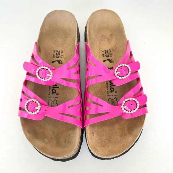 BIRKENSTOCK Granada Soft Pink Patent Leather Crystal Buckle Flat Sandals Sz 39