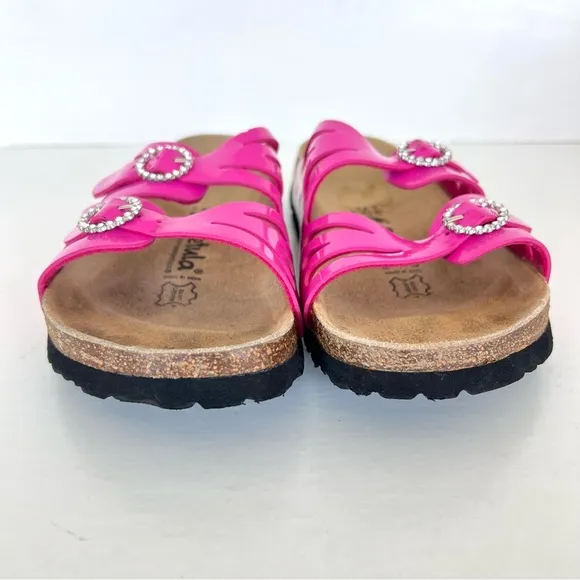 BIRKENSTOCK Granada Soft Pink Patent Leather Crystal Buckle Flat Sandals Sz 39