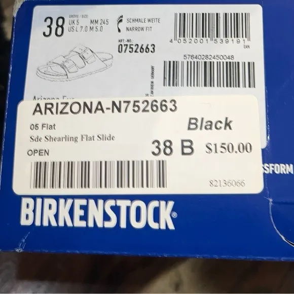 BIRKENSTOCK Women’s Black Arizona Shearling Flat Slide Sandals Size 7 NEW