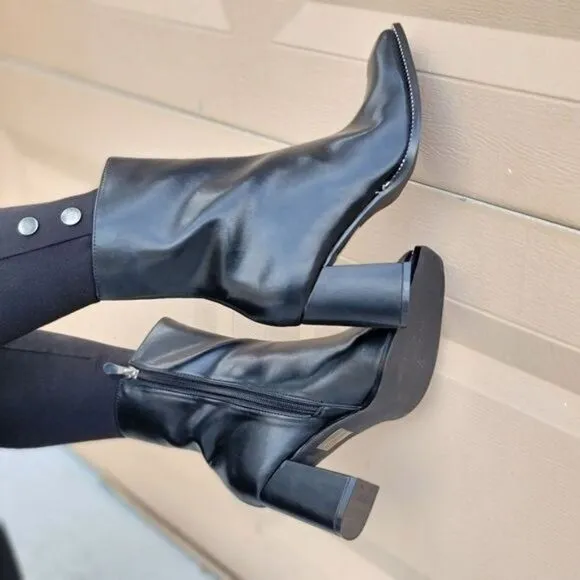 Black High Chunky Heeled Boots Zip Up Square Toe Ankle Booties