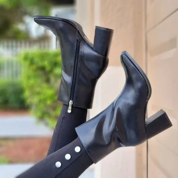 Black High Chunky Heeled Boots Zip Up Square Toe Ankle Booties