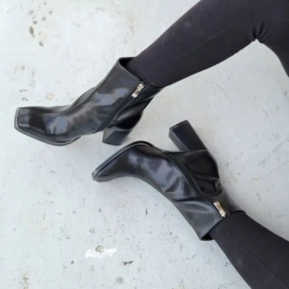 Black High Chunky Heeled Boots Zip Up Square Toe Ankle Booties