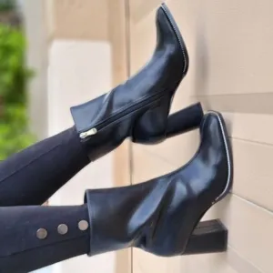 Black High Chunky Heeled Boots Zip Up Square Toe Ankle Booties