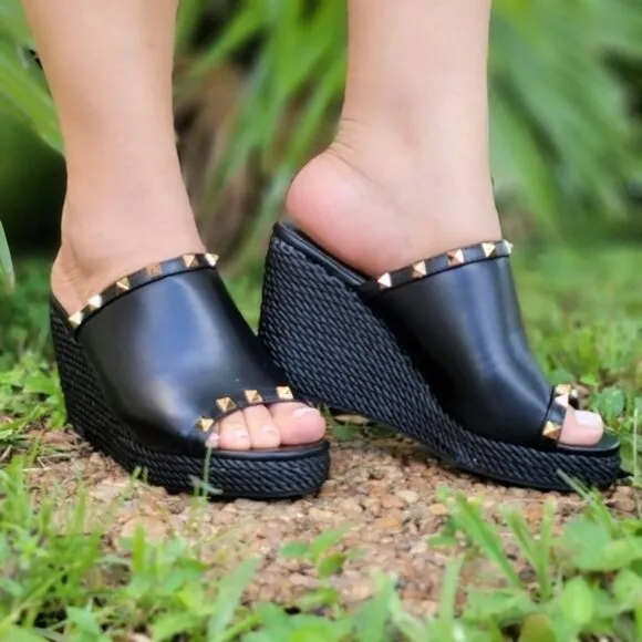 Black Rockstud Rope Espadrilles Wedges Sandals‎