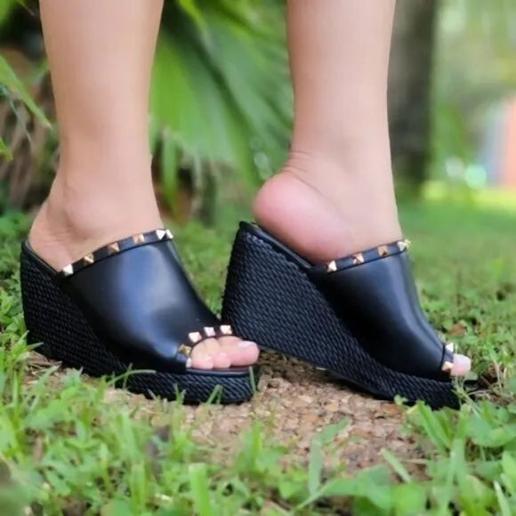 Black Rockstud Rope Espadrilles Wedges Sandals‎